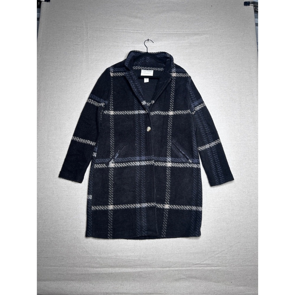 Cynthia Rowley Women's M Black Gray Plaid Wool Blend Long Coat Button Front